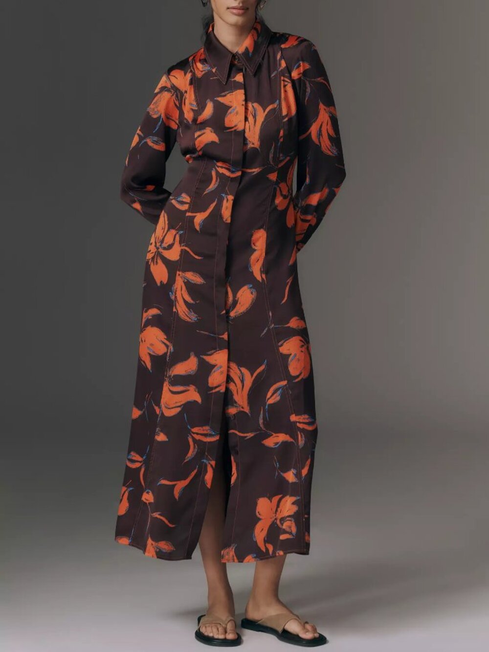 Anthropologie Exquise Long-Sleeve Satin Shirtdress Purple Orange Floral XXS